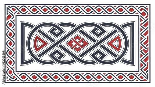A Celtic knot design featuring intricate black and red patterns on a white background