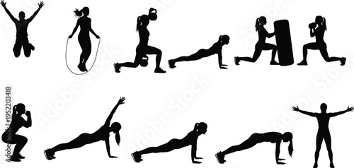 Black silhouette set of woman doing fitness exercises jumping rope kettlebell lunges squats planks and cardio workout on white background