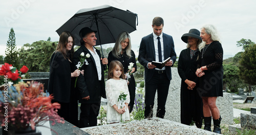 Tablou pe pânză Man, priest or family with holy bible in cemetery for grief, condolences or mourning at burial