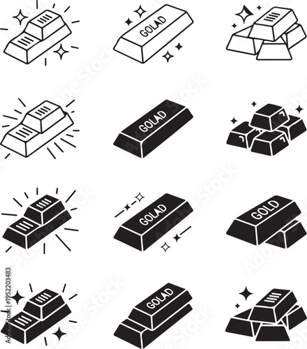Collection of black and white line and silhouette of gold bars with sparkles gold bullion ingot precious metal