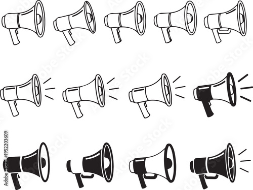 Collection of black and white megaphone with sound waves bullhorn loudspeaker announcement