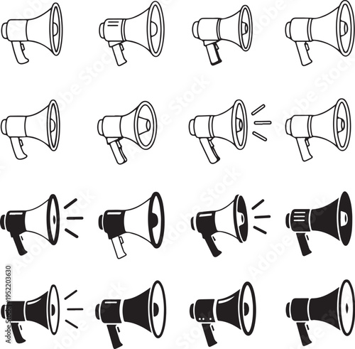 Collection of black and white megaphone in various styles and filled states bullhorn announcement sound