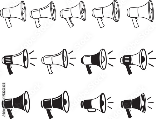 Collection of black and white megaphone with sound waves bullhorn speaker announcement