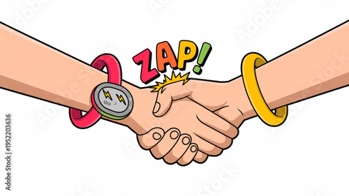 Two hands shaking with colorful bracelets and a watch with a zap effect symbolizing partnership and energy