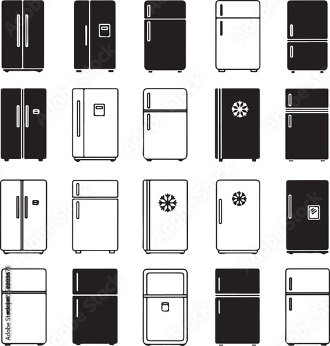 Collection of black and white refrigerator in various styles and sizes fridge appliance kitchen symbol