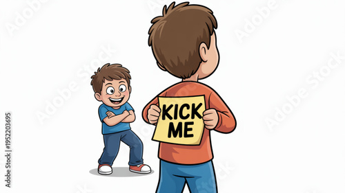 Two boys engaging in playful bullying with a 'kick me' sign illustrating childhood teasing and friendship