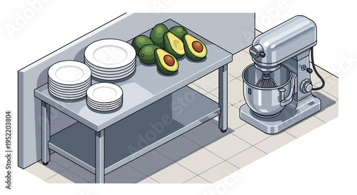 Kitchen counter with mixing machine and avocado.