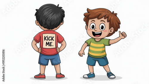 Two cartoon boys standing one with sign on back that says 'kick me' playful and mischievous scene