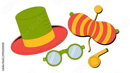 Colorful costume accessories including hat glasses and mustache on white background for party fun