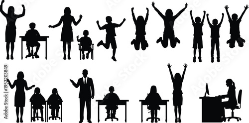 Black silhouette vector set of school children and teachers jumping for  at desks, and 