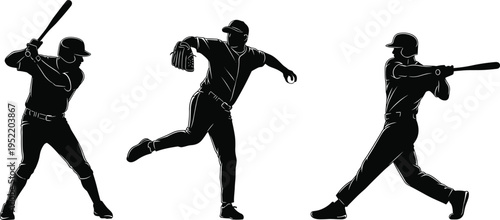 Black silhouettes of baseball players pitching and batting with detailed white outlines isolated on white background for sports competition designs