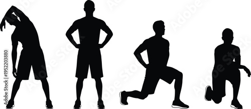 Black silhouettes of athletic man performing side stretches, lunges, and standing fitness poses for gym workout and healthy lifestyle concept.
