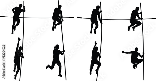 Black silhouettes of pole vault athletes jumping, climbing, and soaring over crossbars during track and field competition on white background.
