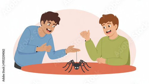 Two men reacting to a spider on a table with surprise and fear