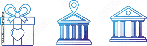 Blue Gradient Vector Icon Set Representing Charitable Gift Box Giving Community Government Building Locations Institutional Support and Philanthropic Financial Aid Symbols