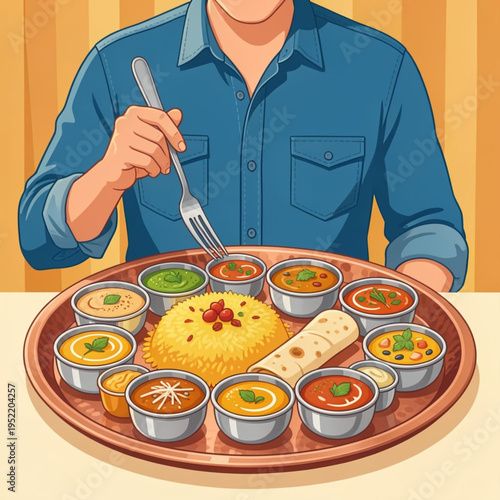 A man is about to eat a large indian thali