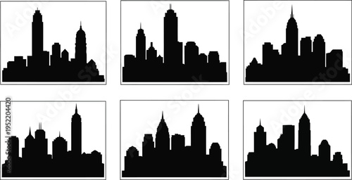 Collection of six diverse aircraft silhouettes, black vector icons of helicopters, fighter jets, and vintage biplanes isolated on white.