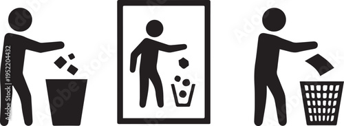 Three black silhouette showing people throwing trash into bins garbage waste disposal