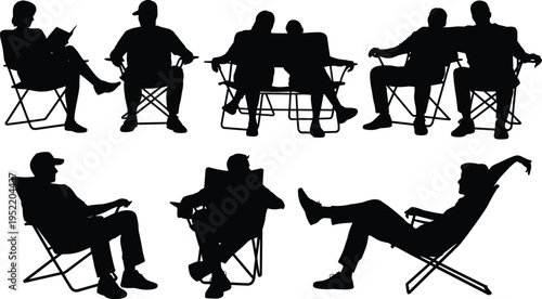 People sitting on folding chairs silhouettes collection, relaxed outdoor seating poses, casual lifestyle set, monochrome vector illustration design