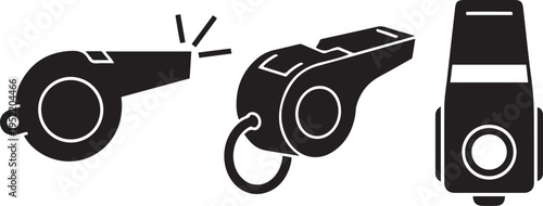 Three black whistle in different views on white background black and white symbol sport referee