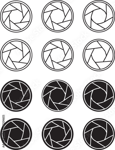 Twelve camera aperture diaphragm in black and white lens symbol