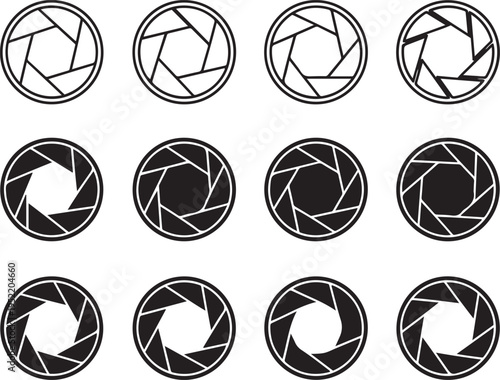 Twelve camera aperture with varying blade openings and fill colors lens diaphragm f-stop