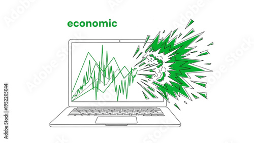 Economic Volatility Illustration – Laptop with Exploding Financial Graphs, Market Instability and Crisis Concept