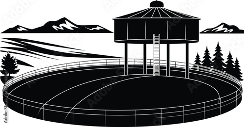 water, tank, storage, infrastructure, industrial, facility, reservoir, supply, engineering, system, utility, construction, landscape, mountains, environment, architecture, icon, silhouette