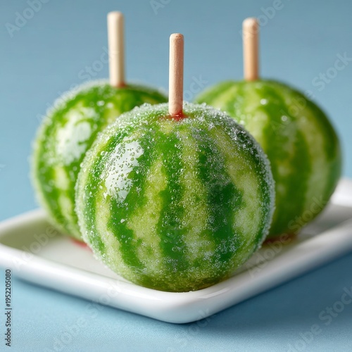 Three green apple candy apples on white tray with sugar coating