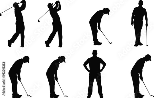 Collection of black silhouettes of golfers swinging clubs and putting isolated on white background for golf course and sports designs