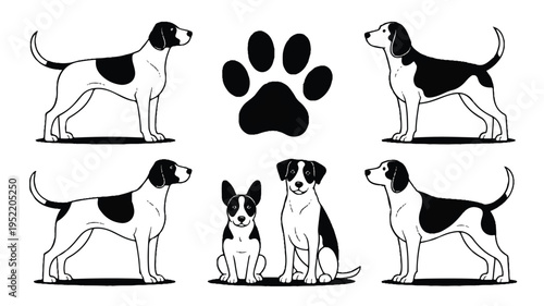 Black and white dog illustrations with paw print