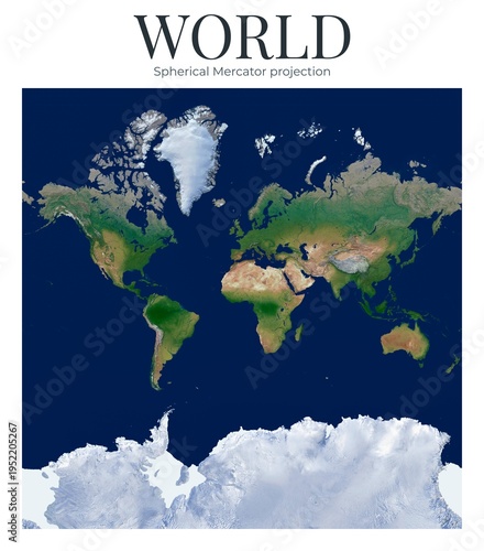 World Map. Spherical Mercator projection. High Detail Physical Map of The World. Raster Graphic Illustration.