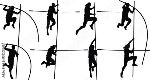 Collection of black silhouettes of pole vaulting athletes in various jumping and climbing poses isolated on white background for sports