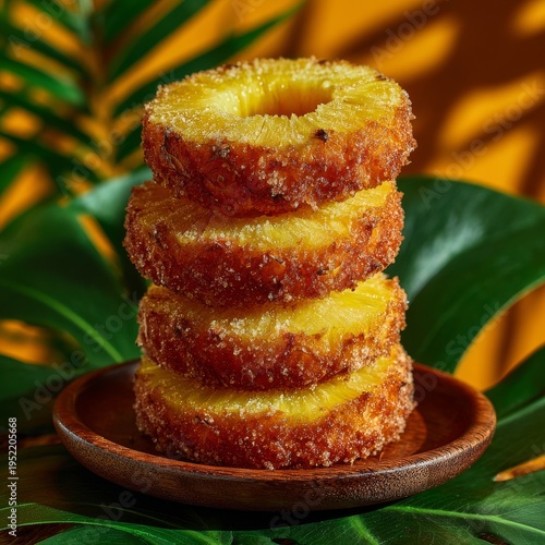 Stacked grilled pineapple rings with caramelized sugar on wooden plate