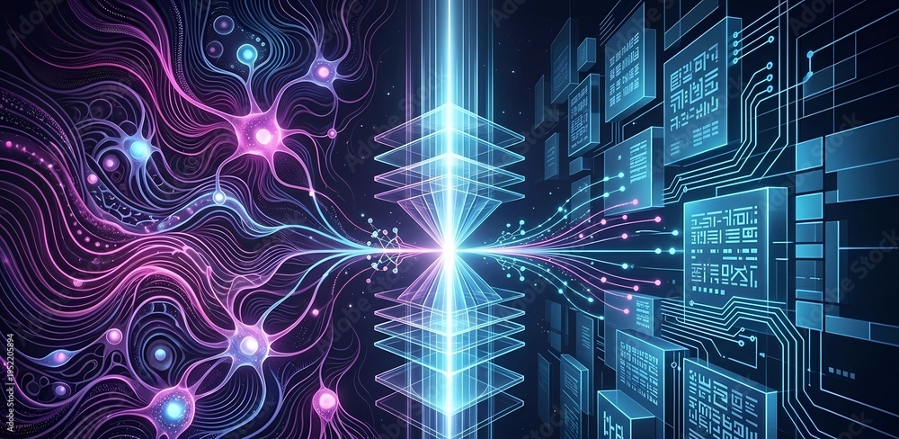Obraz premium Human Neural Network Connecting to Artificial Intelligence Data System