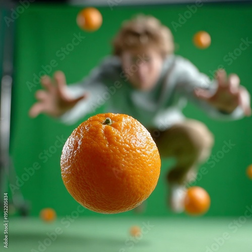 Man juggling bright oranges in mid-air against green background freeze motion