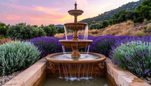 Elegant Tiered Fountain Amidst Lavender Fields at Sunset.