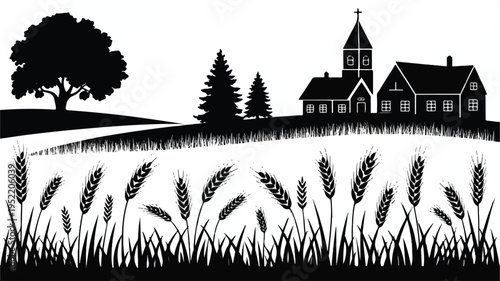 black and white illustration of a church and houses in a rural landscape with trees and wheat field