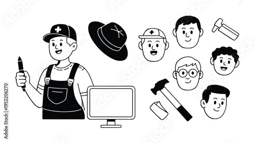 Black and white illustration of a worker with various tools and faces