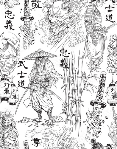Japanese samurai and oni mask seamless pattern with katana and bamboo