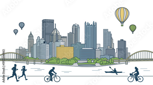 Clean Vector Outline of Pittsburgh Skyline with Accent Colors and Hot Air Balloons, Featuring Multiple Silhouetted Activities Like Runners, Cyclists, and Kayaker, Modern Design.
