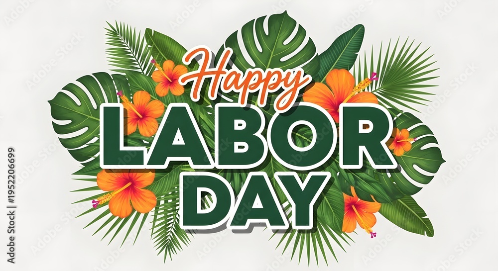 Fototapeta premium Happy labor day wishes with tropical leaves and flowers