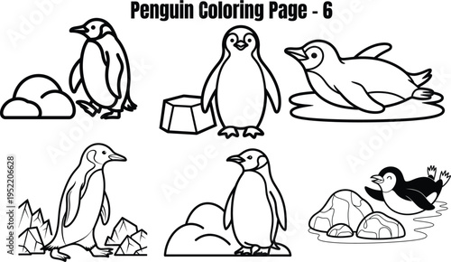 Penguin coloring page with six penguins and icebergs