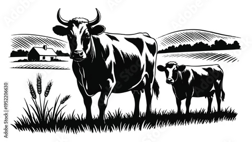 black and white illustration of cows in a rural landscape with a house and wheat