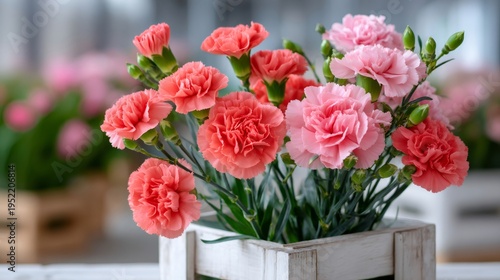 Pink and coral carnation bouquet blooming in wooden planter