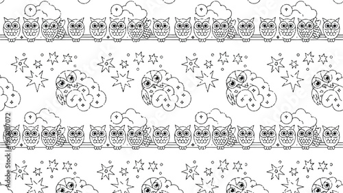 Black and white illustration of owls sitting on a branch under starry night sky