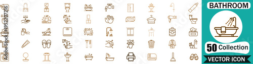 Set of fifty bathroom and hygiene line icons featuring essential sanitary equipment and personal care items for modern interior design and web interface projects