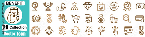 Set of twenty eight loyalty and benefit thin line vector icons representing customer rewards, star ratings, premium membership, and shopping incentives for digital and print designs