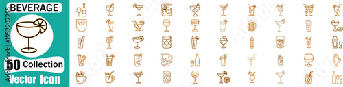 Set of fifty beverage drink cocktail icons featuring outline vector illustrations of glassware and alcohol refreshments for bar menu design and restaurant graphic projects