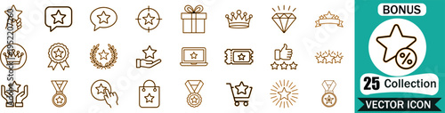 Set of twenty-five premium star and loyalty reward line icons featuring symbols for ratings, bonus offers, gifts, trophies, and shopping discount incentives for professional web design